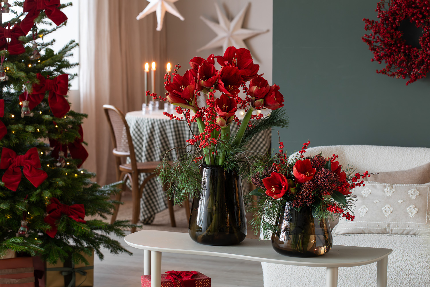 Julebuketter med r&oslash;de amaryllis